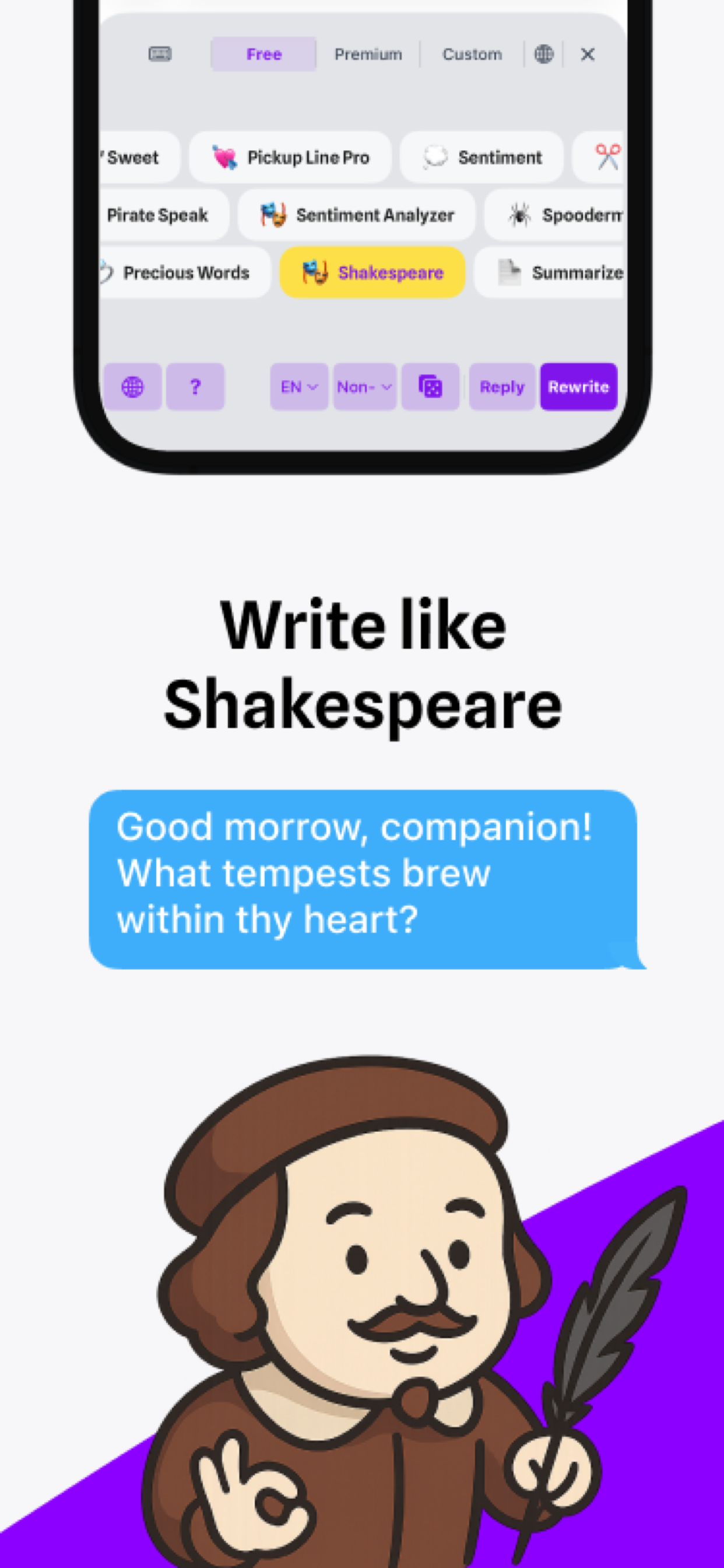CharacterKey AI keyboard showing 50+ character voices for iPhone
