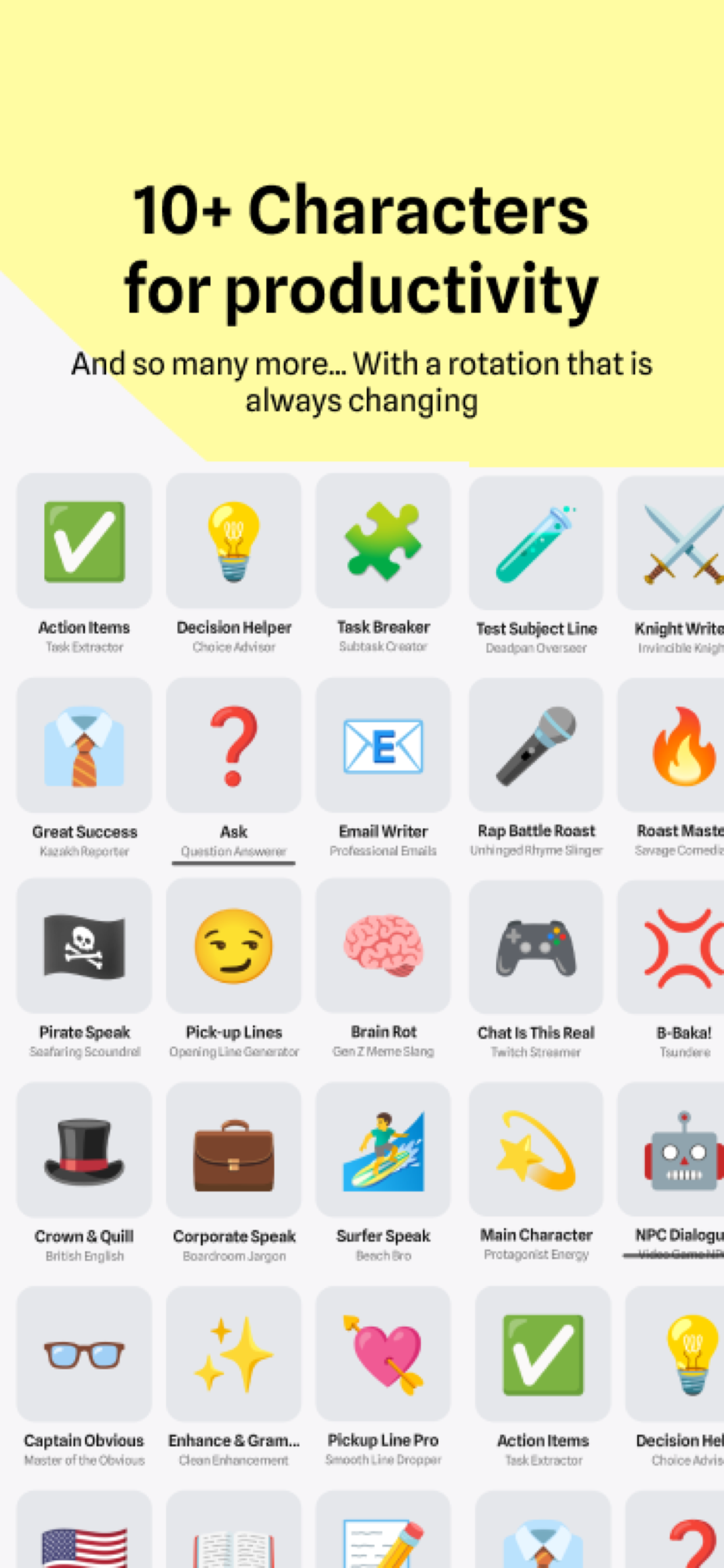 10+ productivity characters in CharacterKey - task extractors, tone formatters, and more